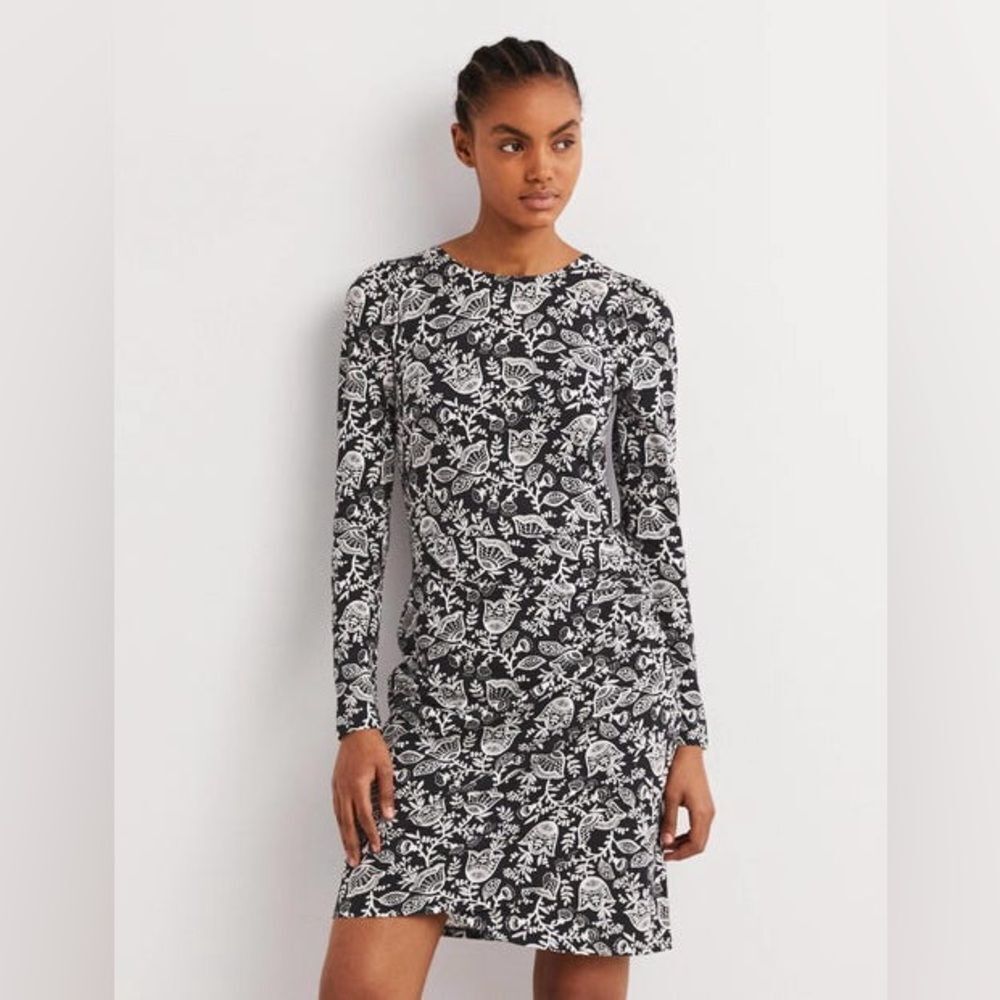 Boden Ruched Jersey Mini Dress Black Tulip Vine Size 6